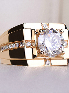 (AAA)经典高碳钻真男士钻戒 莫桑石镀黄金霸气十足结婚戒指