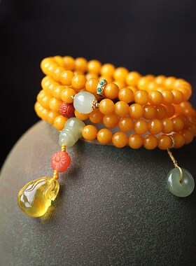 (AAA)天然鸡油黄蜜蜡108佛珠手串7mm原创DIY搭配和田玉平安扣蜜蜡