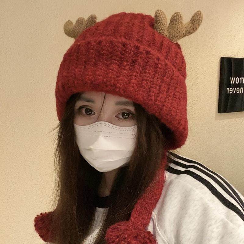 圣诞可爱鹿角加绒显脸小针织帽