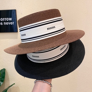 网红ins日系复古平顶草编礼帽春夏出游防晒遮阳宽檐草帽女沙滩帽