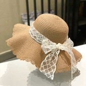 ins蕾丝蝴蝶结草帽女春夏网红海边沙滩帽出游度假防晒遮阳盆帽子