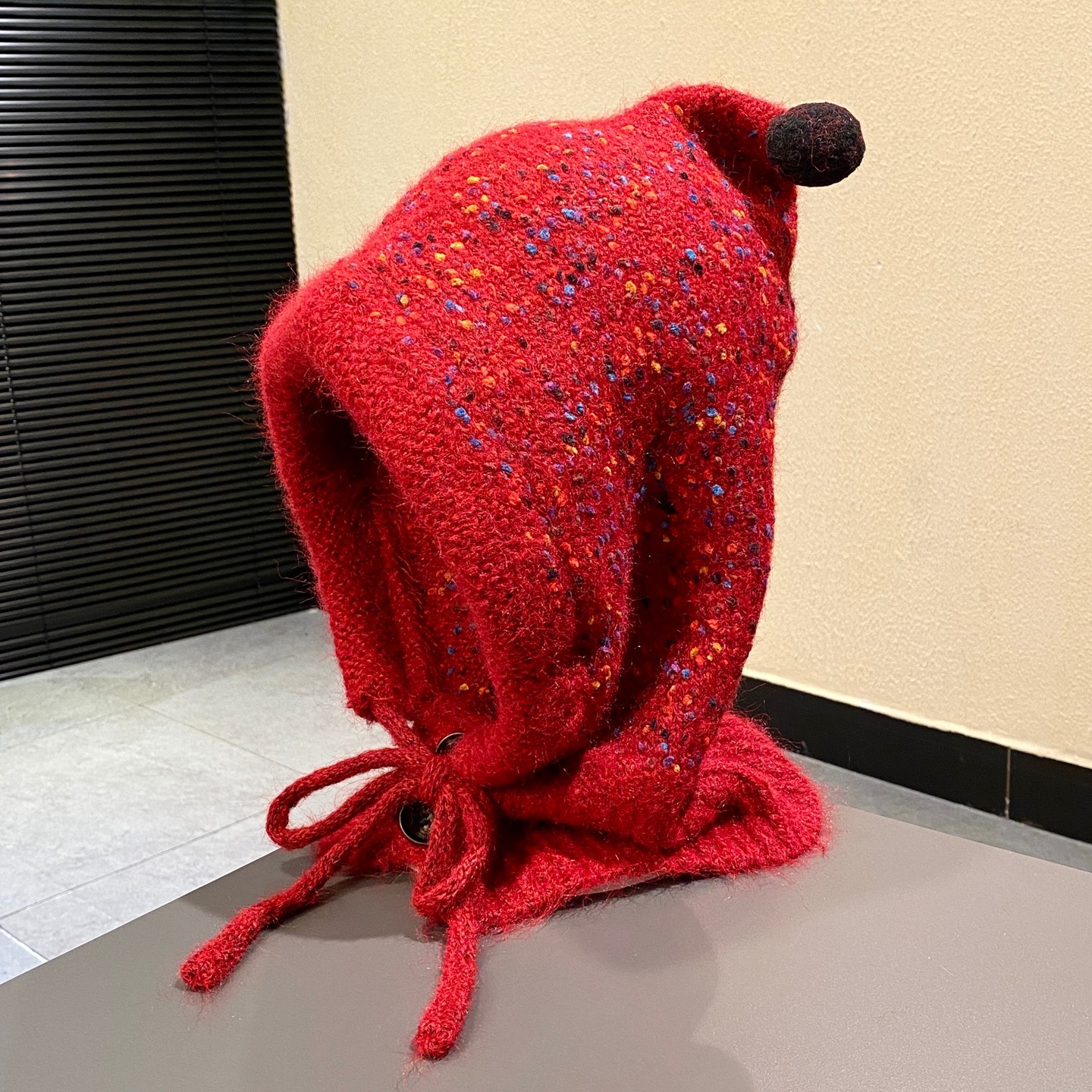 彩色点点红色针织帽冬季大头围护耳巴拉克拉法帽保暖一体毛线帽女