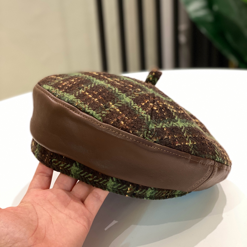 春秋复古格子拼接皮边贝雷帽女百搭时尚文艺画家帽冬季休闲八角帽