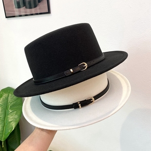 秋冬季 百搭街头皮带扣黑色爵士帽 欧美复古风小檐平顶礼帽子女时尚