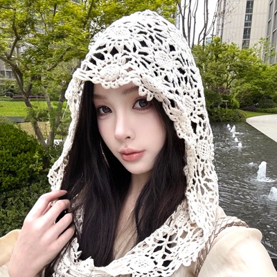 法式森系针织帽镂空多用披肩帽