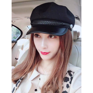 明星网红同款PU皮檐毛呢平顶帽子女男秋冬韩版英伦复古时尚贝雷帽