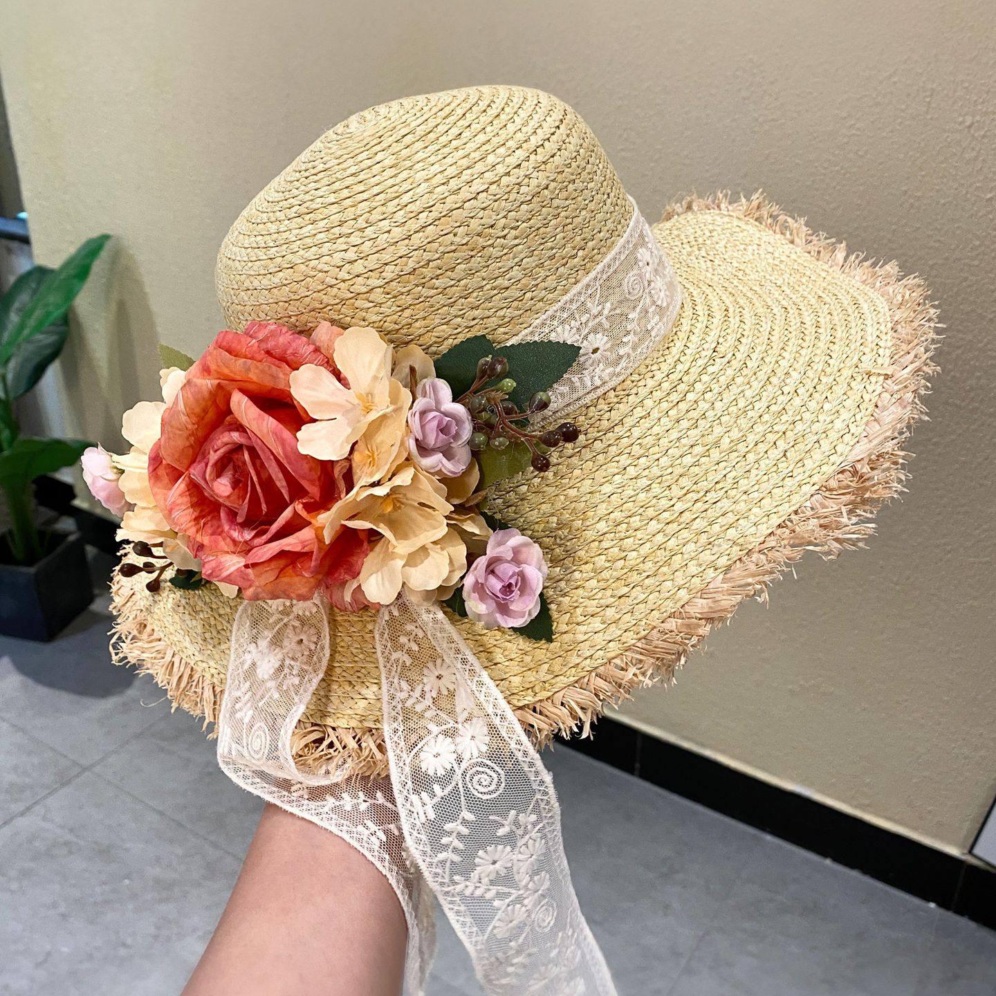 夏季田园风网红大花朵草帽女度假