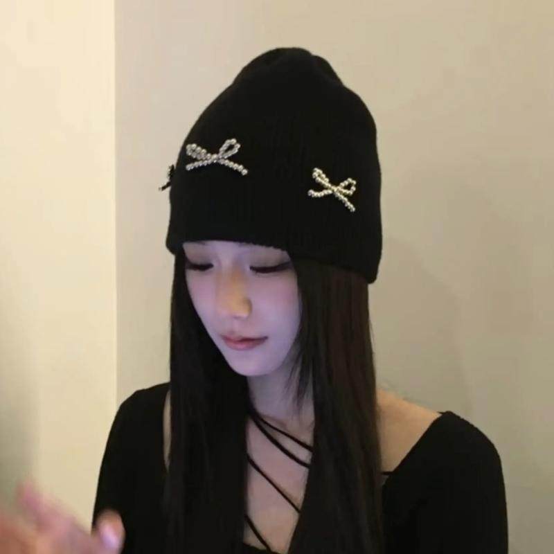 珍珠蝴蝶结针织包头帽