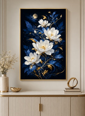 纯手绘厚肌理月夜蓝金山水油画