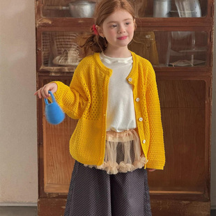 2026春季新款童装外套韩系女童毛衣镂空黄色圆领长袖针织开衫