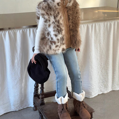 2025女童冬季新款童裤韩版加绒修身牛仔裤 儿童水洗浅蓝直筒裤