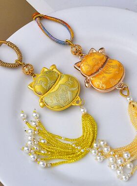 手工编织宋锦饰品招财猫钥匙扣流苏招财挂件汽车钥匙挂绳男女随身