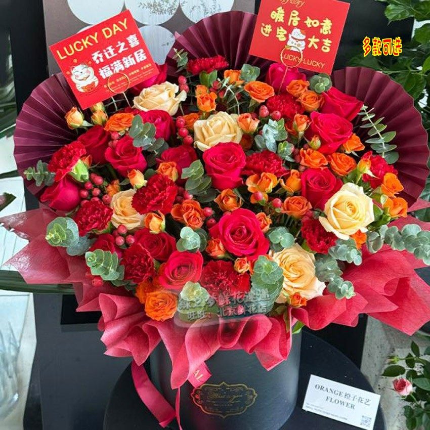 搬家乔迁之喜暖房玫瑰康乃馨混搭鲜花抱抱桶花束祝贺寿生日送鲜花