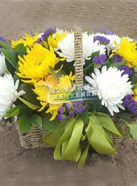黄白菊花北京同城速递扫墓清明节代送上坟鲜花店手提小篮去逝祭奠