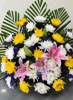 黄白菊花鲜花扫墓花篮清明节祭奠祭拜百合白黄色菊花混搭花篮鲜花
