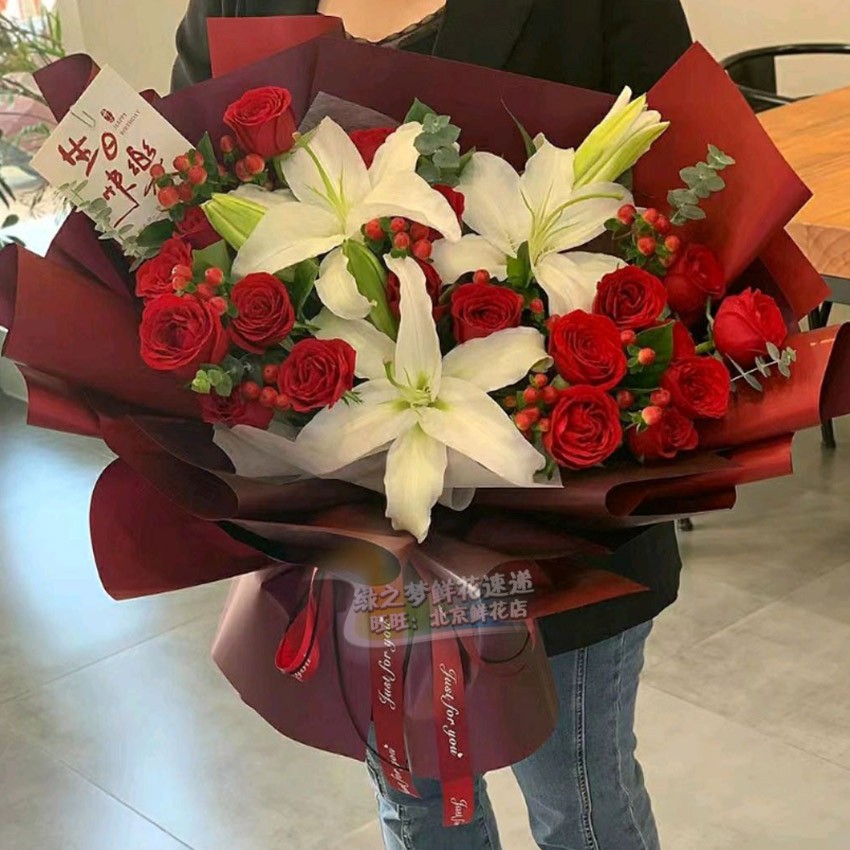 19朵玫瑰混搭百合花束送老婆生日鲜花天津鲜花店送花上门北京同城