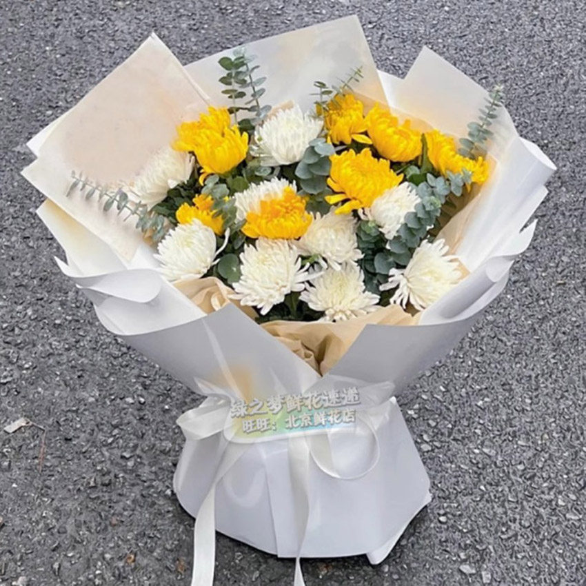 扫墓上坟鲜花束 寒衣节用花丧事祭奠鲜花同城鲜花速递去逝 黄白菊