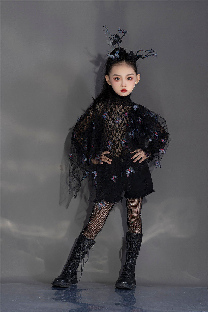 女童蕾丝蝴蝶网纱套装黑色潮服t台走秀个性设计童装摩卡服装
