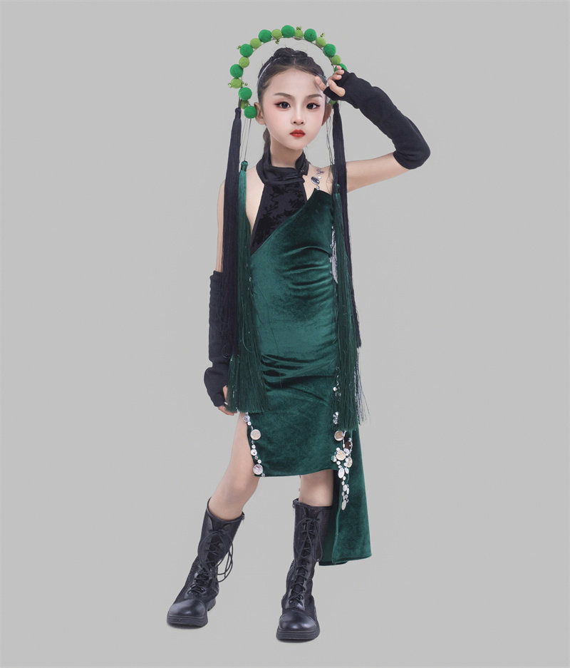 女童墨绿色旗袍套装京剧元素中国风民国风儿童礼服走秀二十四节气