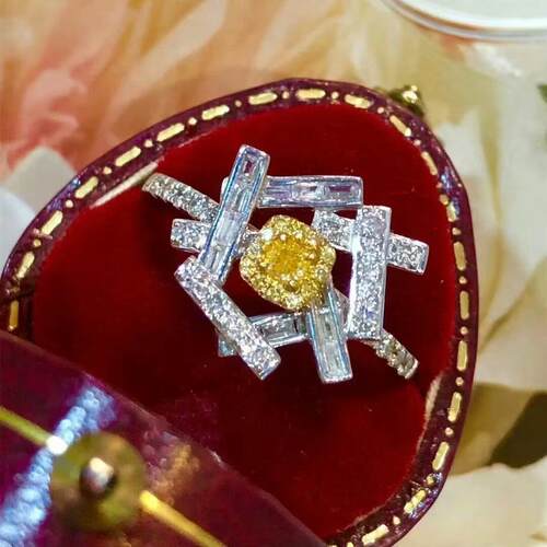 18K白金女镶嵌0.6克拉天然南非高品质钻石黄钻戒指真金真钻送证书