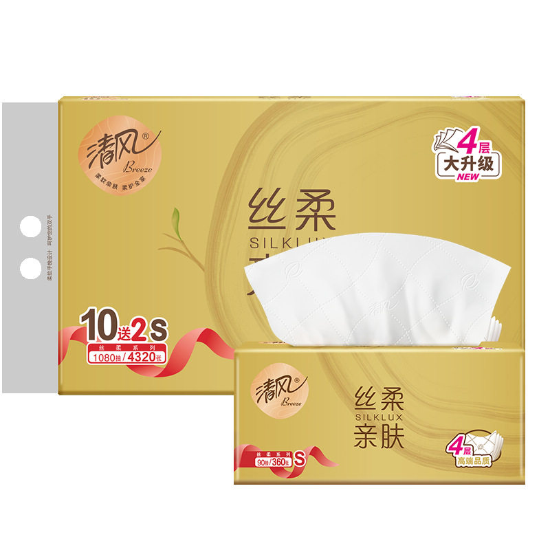 清风丝柔金装抽纸4层大升级90抽12包一提新老混发家用实惠BRC1S7J