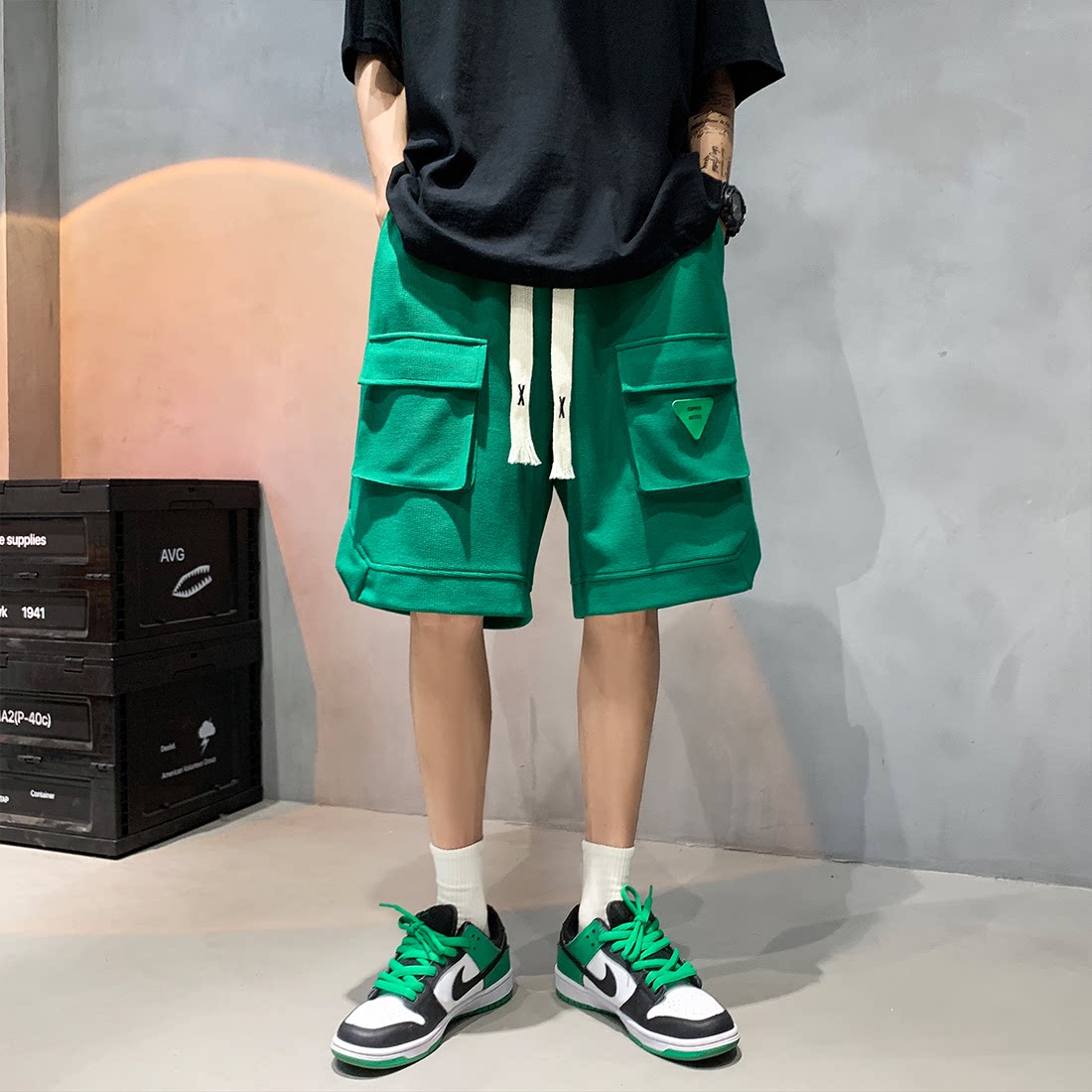 DK28-P38宽松直筒华夫格休闲短裤五分裤中裤，男装牛仔裤，电商B327