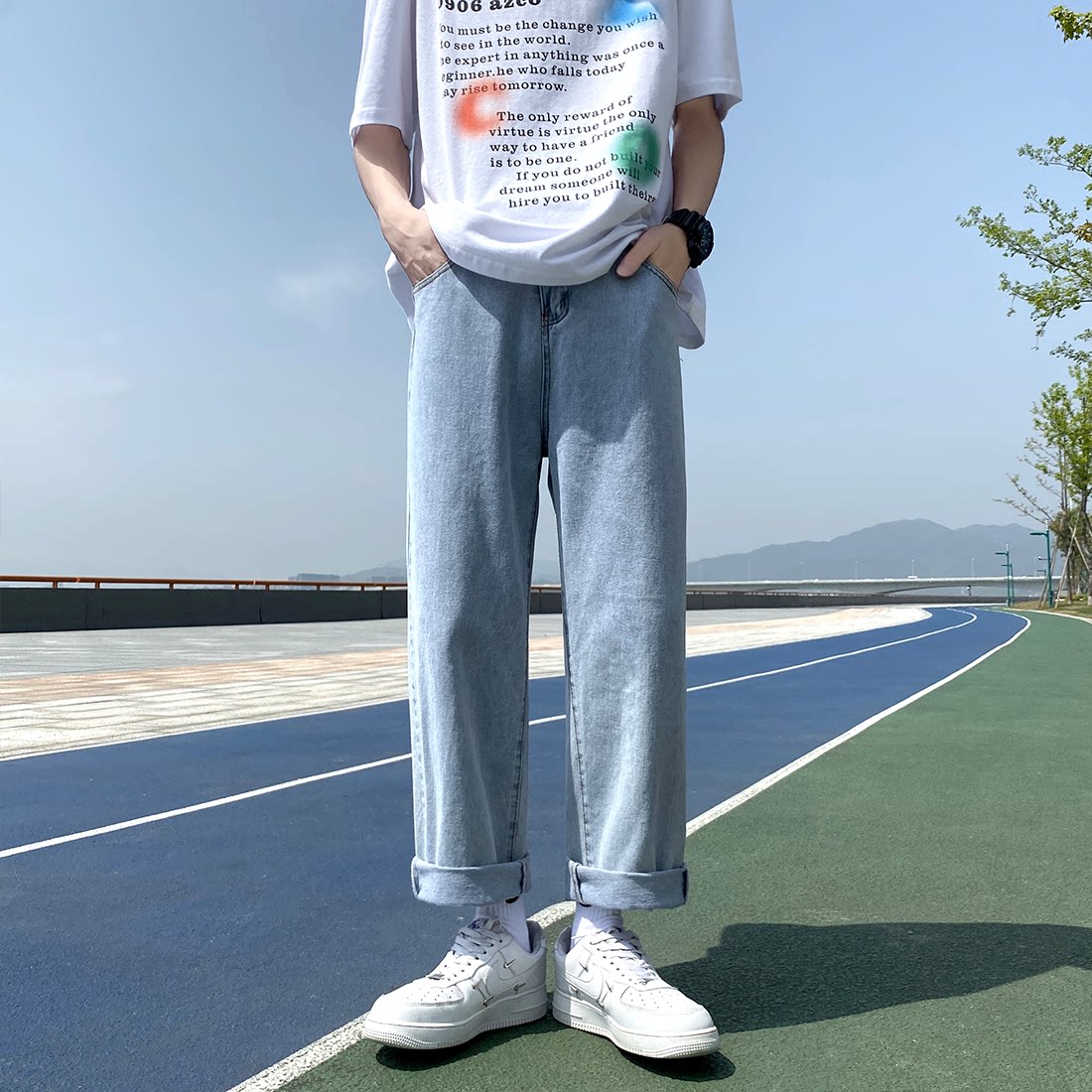 N18-P40直播款男士宽松直筒牛仔裤蓝色休闲牛仔，男装牛仔裤，电商B327