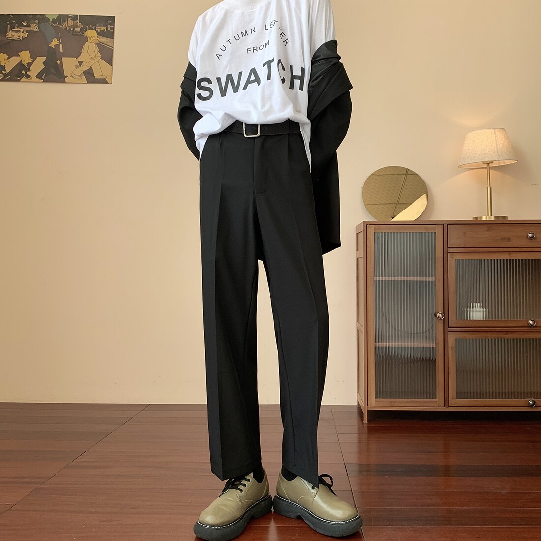 秋冬港风男士休闲西裤修身直筒黑色小西裤B327-K107-P45S-3XL,男装西裤,电商B327