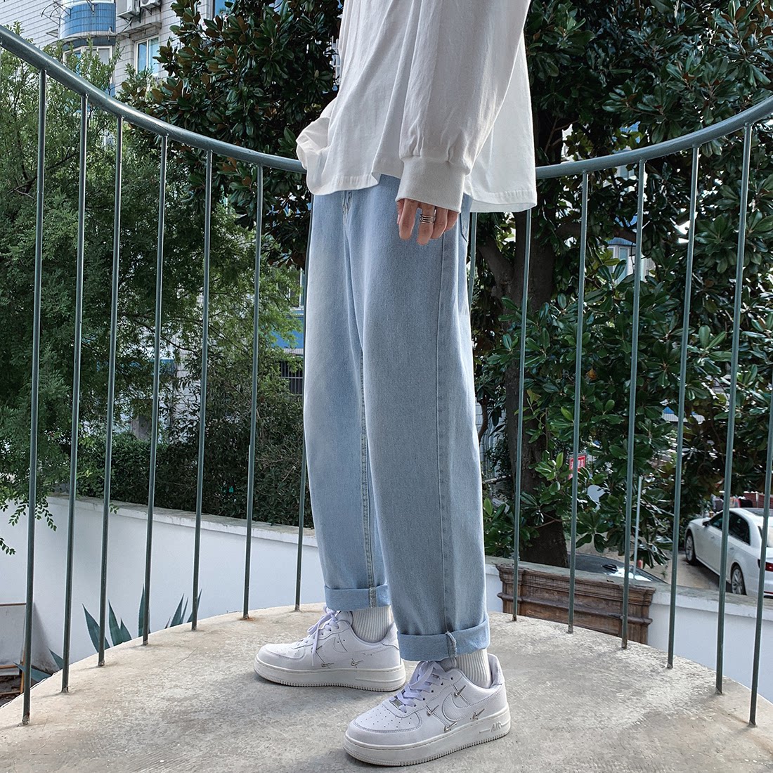 N68-P40新款港风纯色休闲牛仔裤宽松直筒百搭裤子蓝色牛仔裤，男装牛仔裤，电商B327