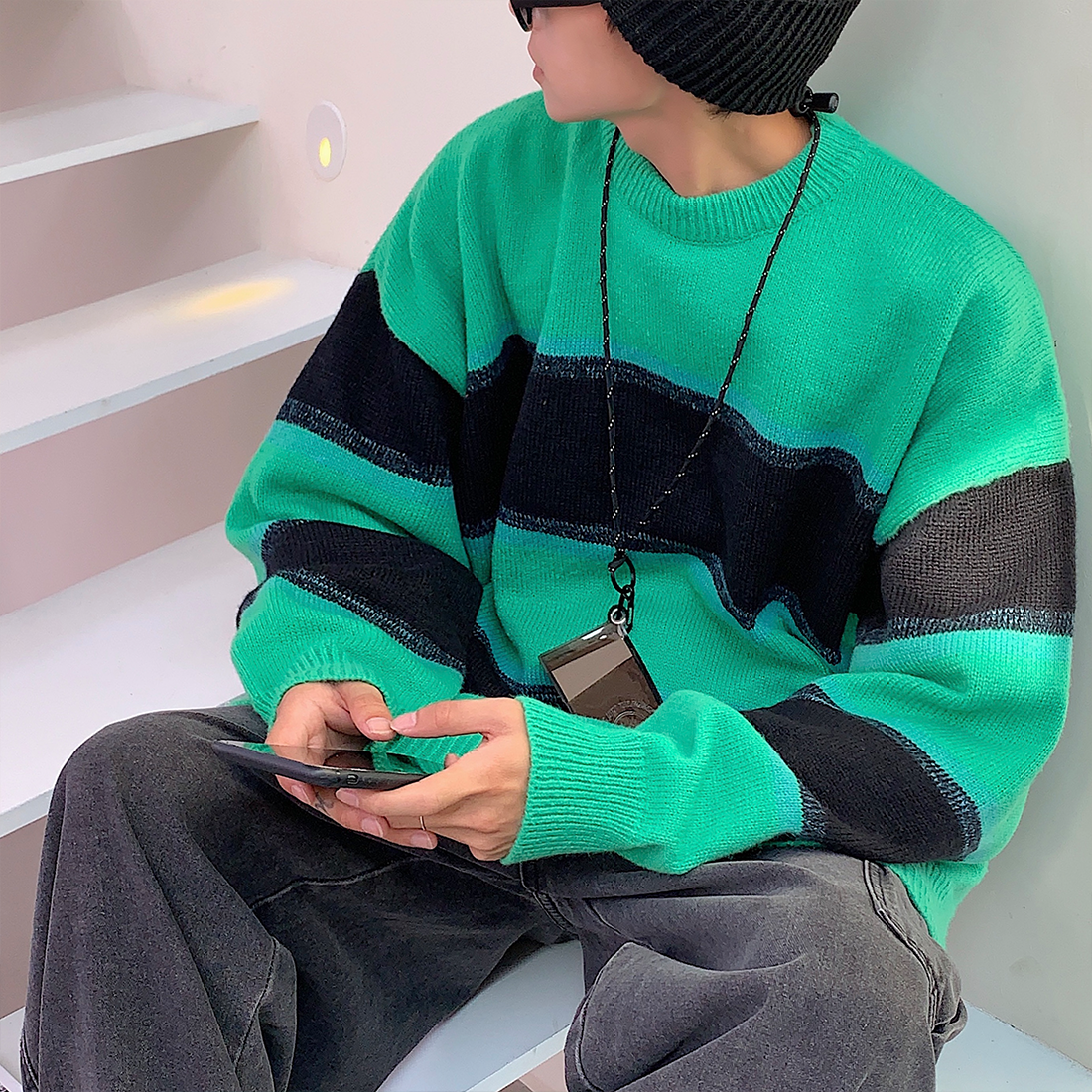 秋冬新款男女同款套头圆领条纹毛衣针织衫外套B327-BKM03-P68,男装针织衫/毛衣,电商B327