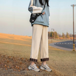 K32-P50  加绒P60 女模秋冬灯芯绒拼接宽松直筒裤男女休闲裤子图片