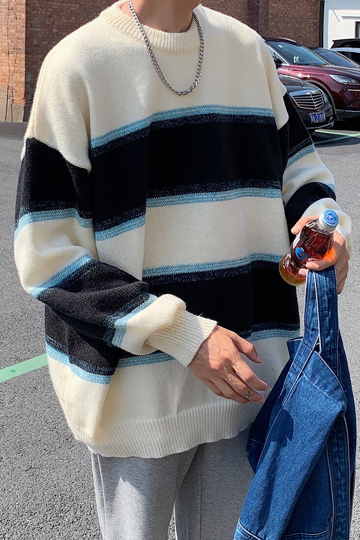 B327-BKM03-P68-百分之聚酯纤维秋冬男女同款套头圆领条纹毛衣,男装针织衫/毛衣,电商B327