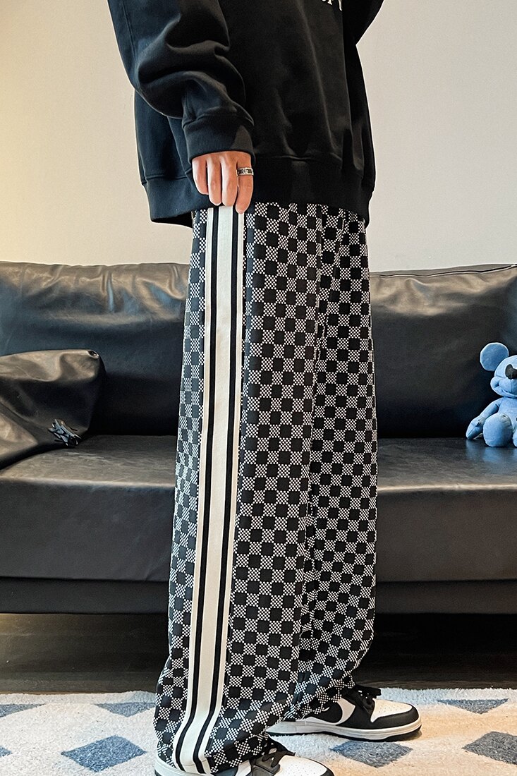 秋冬新款男士宽松格子拼接休闲裤直筒拖地裤卫裤现货-k21-P60,男装休闲裤,电商B327