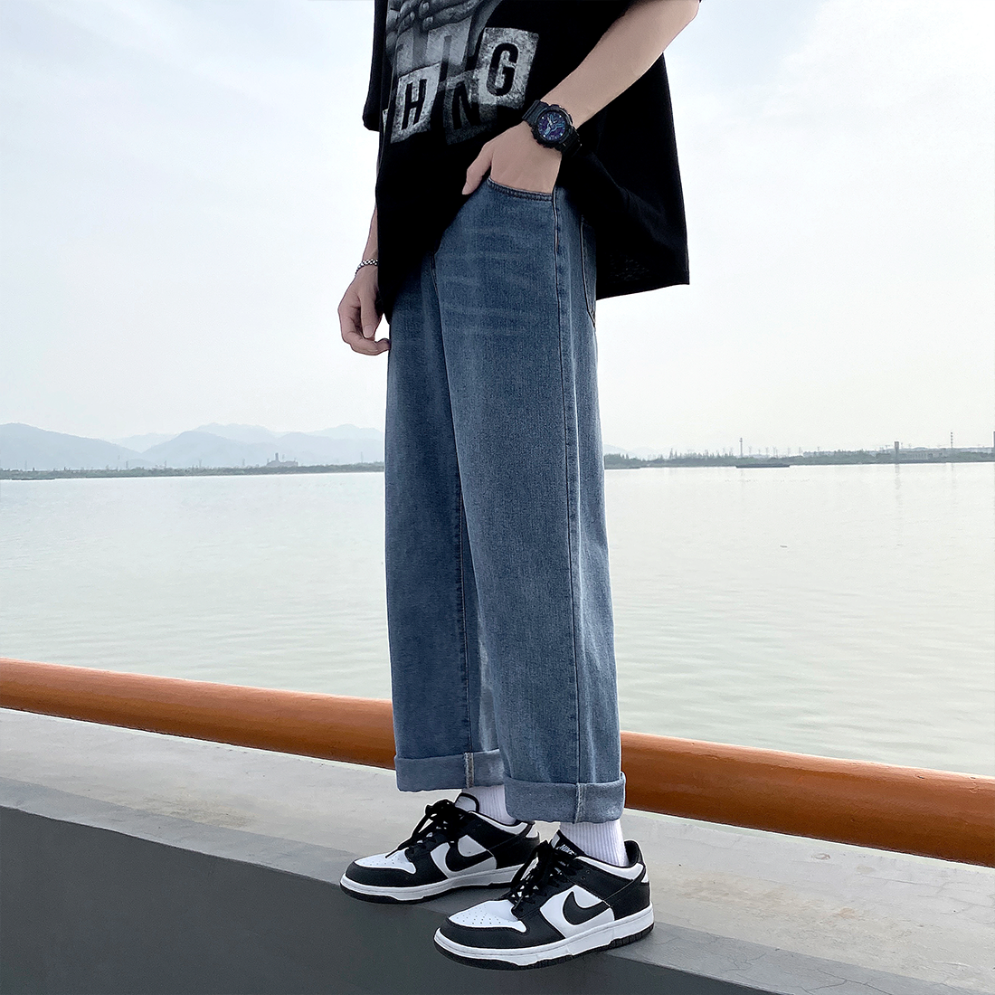 N18-P40夏天蓝色牛仔裤宽松直筒休闲裤子纯色牛仔,男装牛仔裤,电商B327