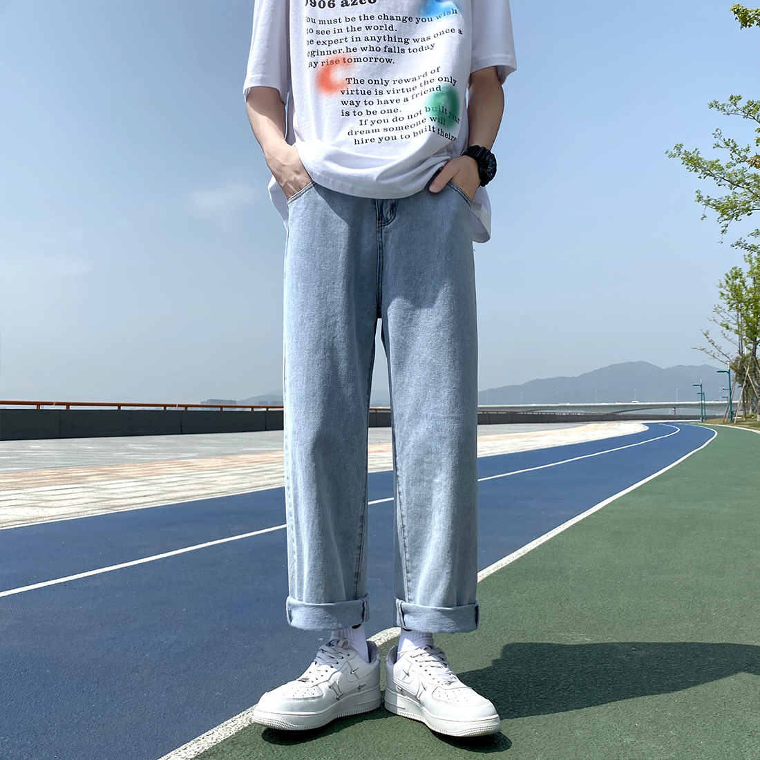 N18-P40夏天蓝色牛仔裤宽松直筒休闲裤子纯色牛仔,男装牛仔裤,电商B327