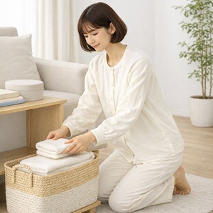 日式简约全棉双层纱织点状提花女式睡衣套装 纯色长袖长裤家居服