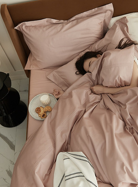 北欧轻奢纯色全棉100S贡缎长绒棉四件套 白色压滚条宽边被套床笠