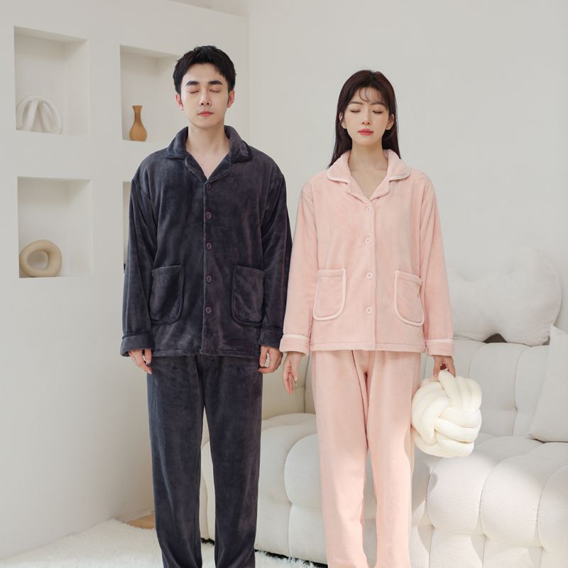 情侣法兰绒家居服女秋冬翻领开衫