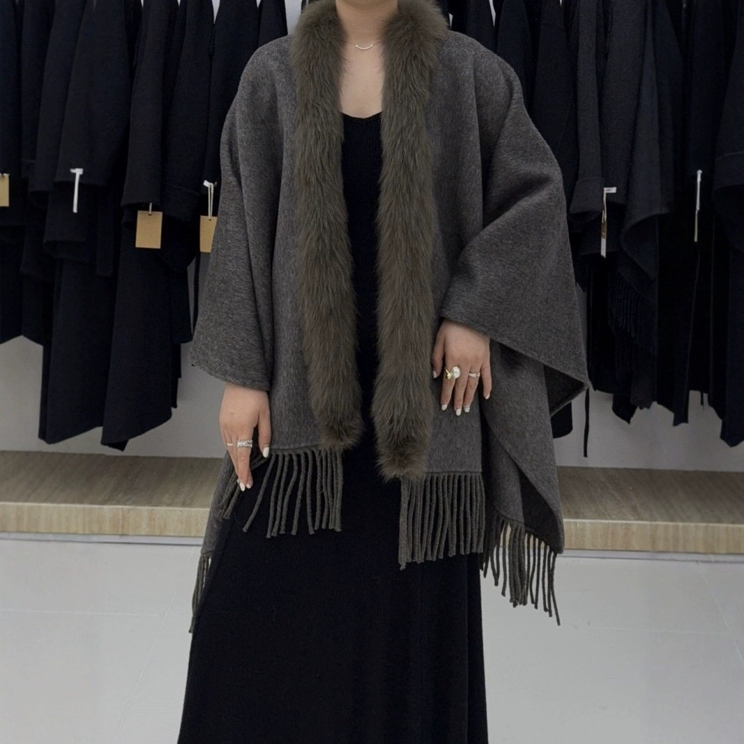 狐狸毛毛领披肩流苏款立体裁剪无领落肩袖中长款双面尼羊毛大衣女
