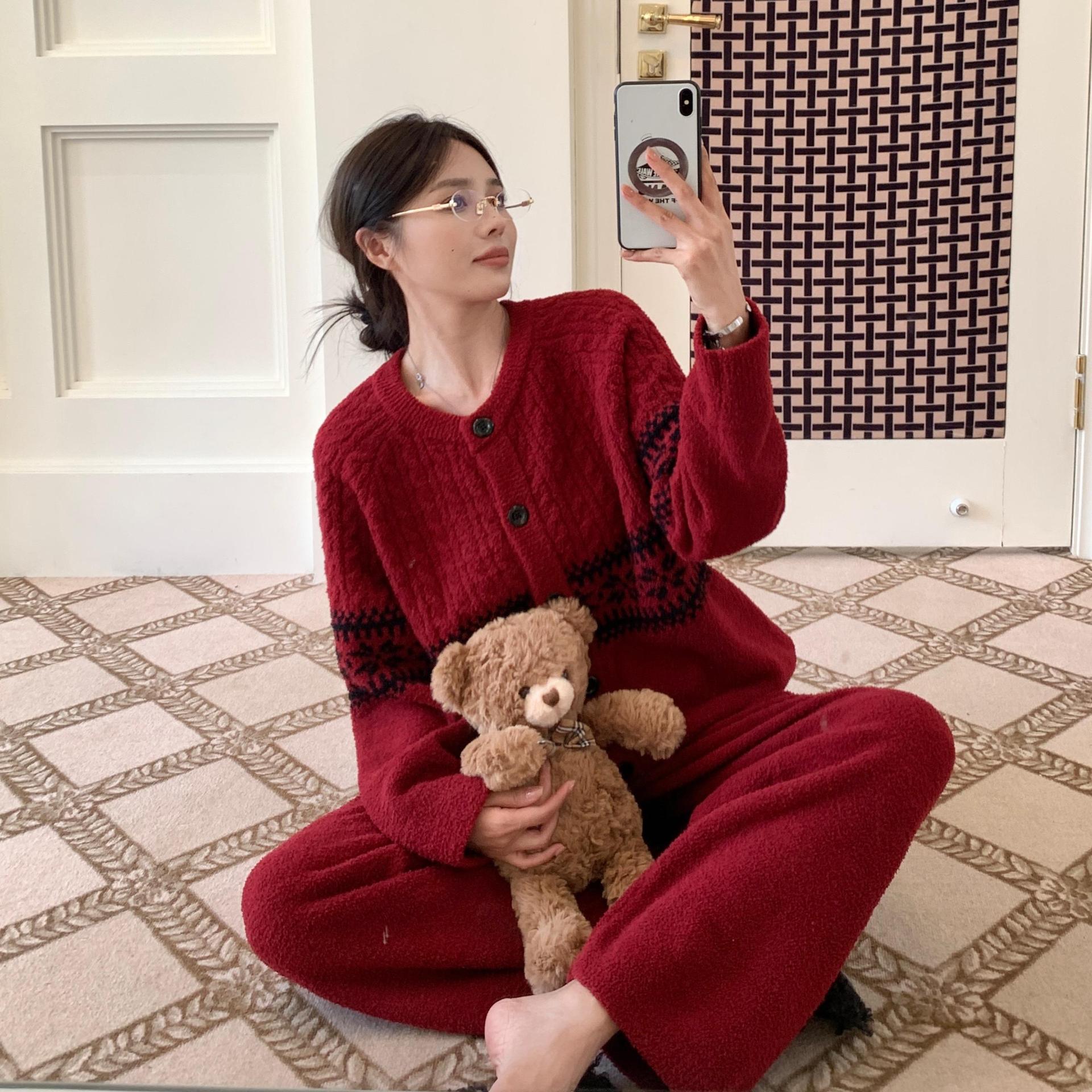 亲子系列CaCa开衫系扣半边绒睡衣女秋冬加厚保暖软绵绵家居服
