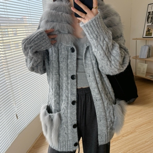 真毛漫时光5秋冬韩系宽松中长拼狐狸毛口针织开衫 毛衣外套女