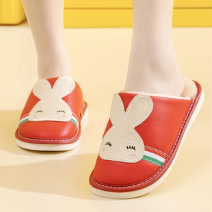 真皮头层牛皮可爱萌女童棉拖鞋冬季厚底防滑保暖居家卡通兔子拖鞋
