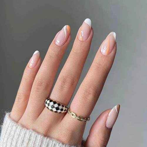 法式False nail白橘配色穿戴美甲成品假指甲美甲贴片指甲贴片甲片