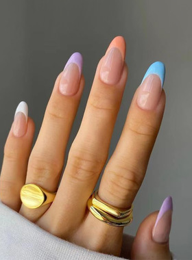 跨境直供法式穿戴甲彩虹美甲拼色假指甲假指甲 press on nail