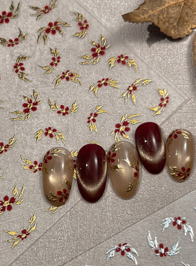 美拉德红金花卉美甲贴纸烫金枝叶小红花秋冬显白指甲装饰贴花