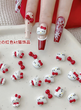 安克拉红色KT猫美甲饰品蝴蝶结超可爱卡通平底穿戴甲装饰用品