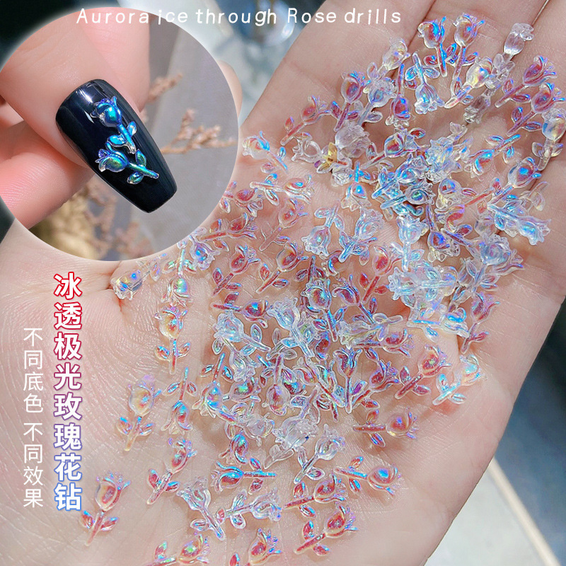 30颗美甲冰透极光玫瑰花立体幻彩花朵配饰小清新光疗指甲装饰贴钻
