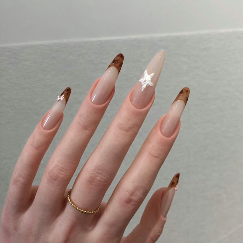 穿戴甲甲片珍珠星星豹纹粉色蝴蝶结长款水滴甲仙女风显白美甲