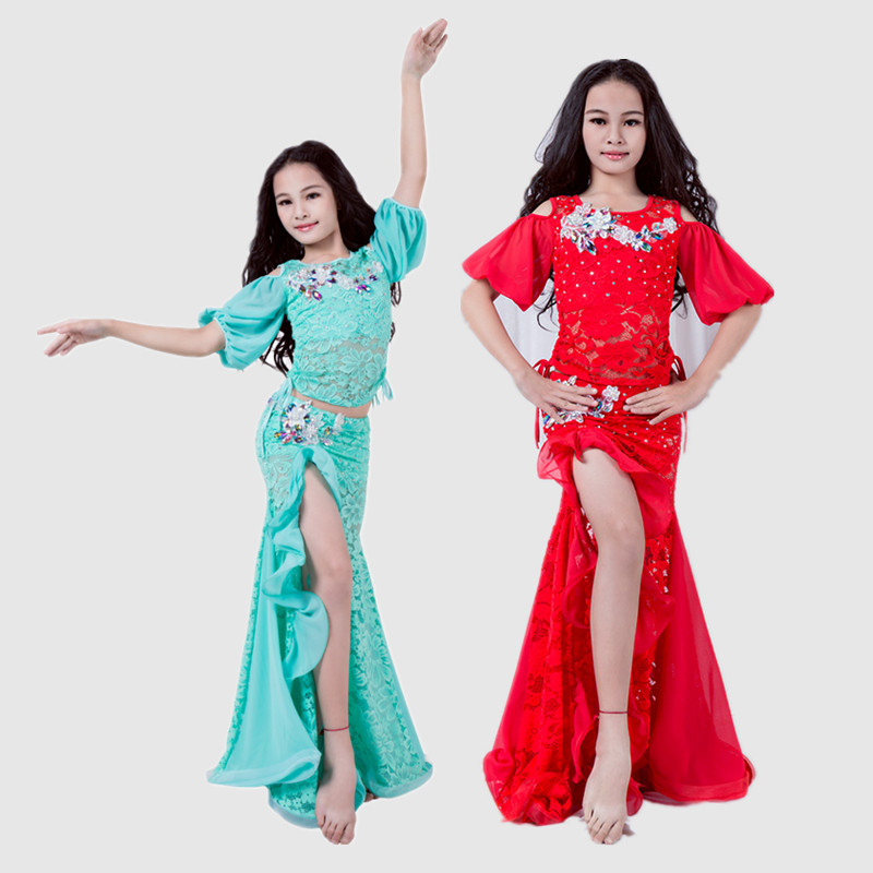 舞姿翼儿童肚皮舞表演出服2023新款夏季蕾丝东方舞练习服长裙套装