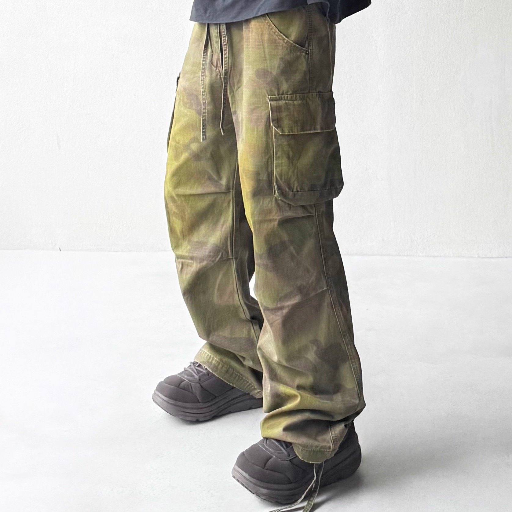 POPDADA阳光做旧褪色水洗阔腿宽松工装口袋抽绳收口伞兵裤迷彩裤